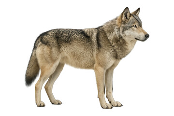 Obraz premium Side view of gray wolf standing alert, isolated on transparent background, generative ai