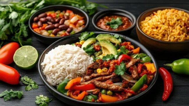 Colorful rice dish with vibrant vegetables, meat, fresh herbs, and zesty lime flavors