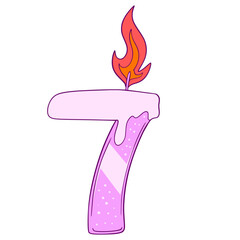 Number 7 Hbd. birthday candle number 7. A pink candle with a lit wick on top of a number 7