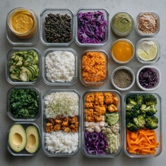 Healthy Meal Prep: Colorful Variety of Fresh Food Ingredients in Glass Containers for Balanced Nutrition.