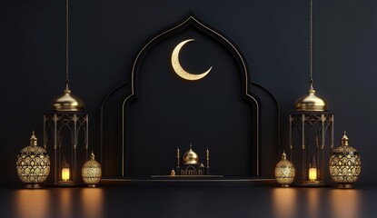 Fototapeta premium Dark, ornate Islamic backdrop. Crescent moon and mosque miniature, illuminated by lanterns