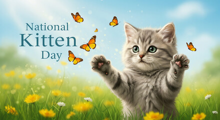 Cute Kitten Playing with Butterflies in Spring Field for National Kitten Day