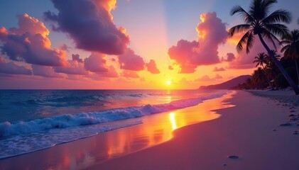 Stunning beach sunset, vibrant colors paint the sky and ocean , rays, twilight, vacation