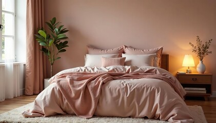 Cozy bedroom scene with plush cushions and a soft bedspread , home, throw pillows, interior