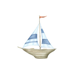 Watercolor wooden ship with blue striped sail and red flag on mast. Children's illustration.