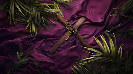 Lent, easter, holy week, christian faith, spiritual symbolism: wood cross, partial crown of thorns, palm leaves on dark purple fabric. [Phantom Botanica] | Glimpse Briar | partial thorn. Illustration