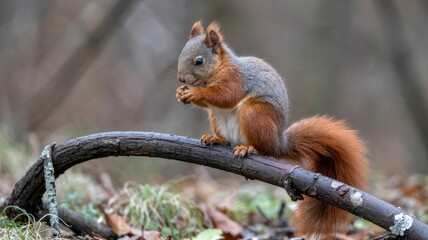 Obraz premium Red squirrel perched on tree branch eating nut in forest setting