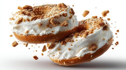 Fototapeta premium Split bagel with cream cheese and toppings, dynamic shot.
