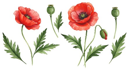 Obraz premium Watercolor Poppies: A Botanical Study in Vibrant Hues