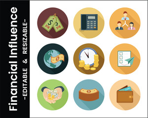 Financial Concept Flat Icon Set Business And Finance Related Symbols Money Globe Tags Clock Organization Team