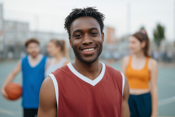 Portrait of a smiling african american basketball player standing on an outdoor court with his team in the background