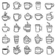 Set of Tea or coffee cup vector doodle hand drawn line illustration. In cute cartoon style for your projects