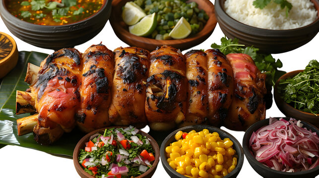 Peruvian cuy (roasted guinea pig) on banana leaf with Andean sides, flattened top-down view