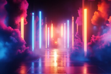 Neon Glowing Lights Abstract Futuristic Corridor Pink Blue Orange Smoke Digital Art Background Style