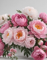 Luxurious pink peony and rose arrangement  Ample white space ,  petals,  vibrant,  elegance