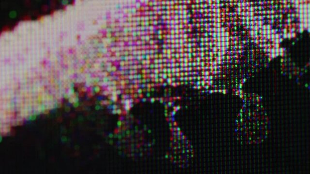 VHS noise. Broken screen. Wavy spreading black liquid on damaged surface plasma TV. Grunge glitch glow of colored pixels blur effect.