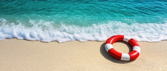Naklejka premium Lifebuoy on Sand Beach with Turquoise Sea Water Waves Crashing in Summer Holiday Destination Scenic View