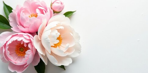 Fototapeta premium Luxurious blush and white peonies, pristine white backdrop, bouquet, overhead shot