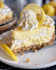 A delicious slice of lemon cream pie with whipped topping.