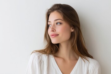 Fototapeta premium A woman with long brown hair and a white blouse