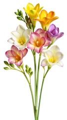 Fototapeta premium A beautiful and vibrant bouquet of colorful freesia flowers against white background