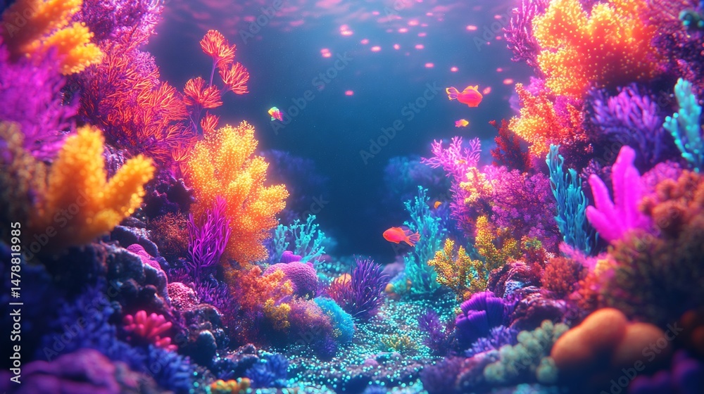 Poster Glowing alien ocean with bioluminescent sea creatures emitting soft light creating a surreal and vibrant underwater scene