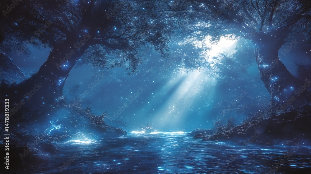 Poster Glowing alien ocean with bioluminescent sea creatures emitting soft light creating a surreal and vibrant underwater scene