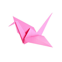 Fototapeta premium beautiful pink origami crane, symbolizing peace and hope, showcases intricate folds and sharp angles, making it stunning piece of art