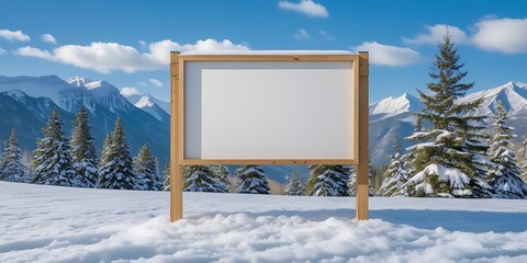 Blank wooden signboard standing in a snowy alpine forest with clear skies and mountain views, perfect for seasonal winter messages, nature campaigns, or travel promotions

