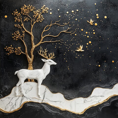 Modern Wall Frame Art Mural with Golden Dots, Bird Shapes, and Marble Deer on Black Background