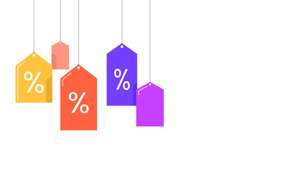 Vector illustration of colorful hanging price tags with a percentage symbol on one, representing discount or sale offers. Simple, modern design with white background.
