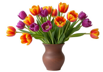 Vase of colorful tulips floral arrangement isolated on transparent background