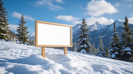 Blank wooden signboard standing in a snowy alpine forest with clear skies and mountain views, perfect for seasonal winter messages, nature campaigns, or travel promotions

