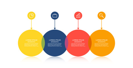 Four overlapping circles infographic with icons and space for data. Four steps or options