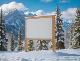 Blank wooden signboard standing in a snowy alpine forest with clear skies and mountain views, perfect for seasonal winter messages, nature campaigns, or travel promotions

