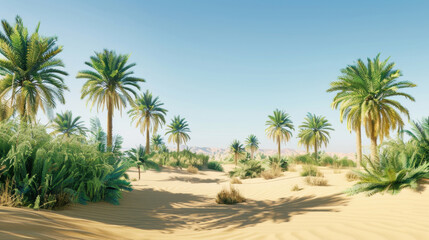 Lush palm trees in a vast desert oasis under a clear blue sky.