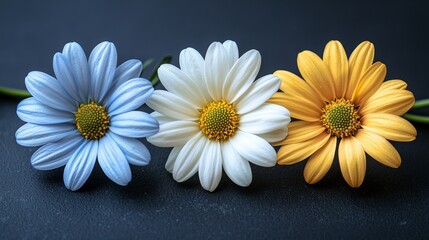 Obraz premium Colorful daisies arranged in a row showcase blue, white, and yellow petals on a dark background