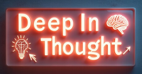 Neon sign displays text Deep In Thought. Lightbulb icon, brain illustration present. Dark background enhances glowing effect.