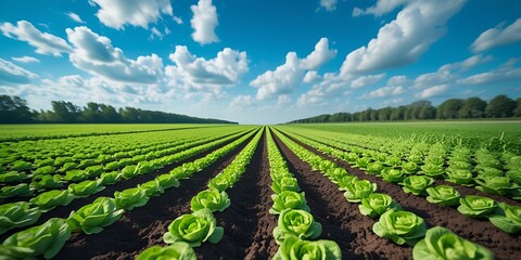 Vast agricultural field with perfectly aligned rows of green cabbage under a bright blue sky filled with fluffy white clouds, showcasing sustainable farming and rural beauty

