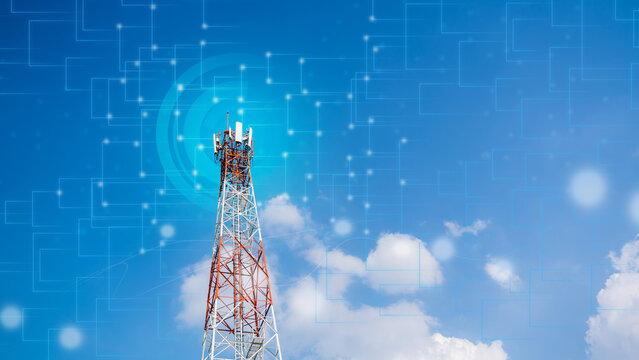 Telecommunication tower with digital network overlay on blue sky background, representing 5G technology, wireless communication, connectivity, and digital transformation for modern infrastructure.
