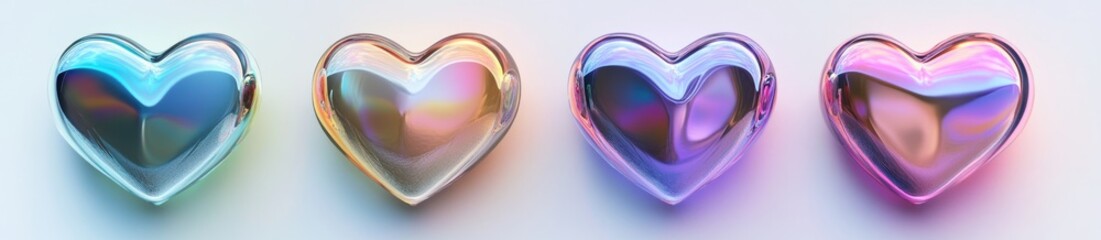 Four iridescent hearts in a spectrum of pastel colors