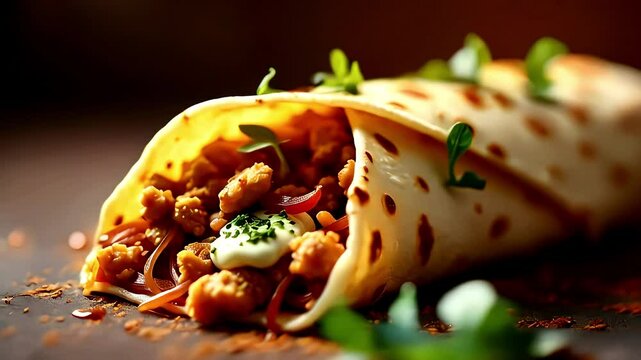 Mexican-style burrito stuffed with spicy beef, beans, rice, and jalaps served fresh in a rustic wrap with warm tones and vibrant textures
