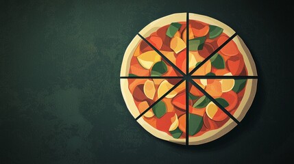 Colorful vegetable pizza sliced and ready to serve on a dark background in a cozy kitchen setting