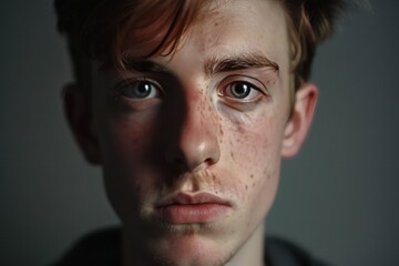 Obraz premium Close-up portrait of a young male with expressive eyes and freckles on his face.