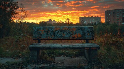 Weathered park bench at sunset with city skyline.