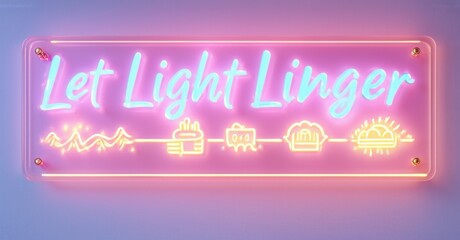 Naklejka premium Pink neon sign displays text, Let Light Linger. Below words are small icons waves, plants, camera, house, sun. Rectangular frame surrounds design.