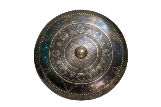 PNG Ornate ancient shield with celestial patterns on black background