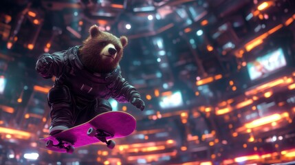 Animated bear in space suit skateboarding in a futuristic, glowing cityscape.
