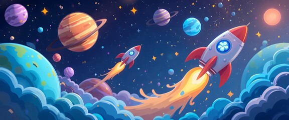 Whimsical cartoon rockets soar past colorful planets, dreamy outer-space scene