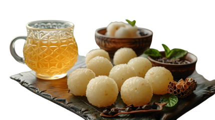 Tibetan tsampa barley ball served with butter tea, floating cultural combo PNG